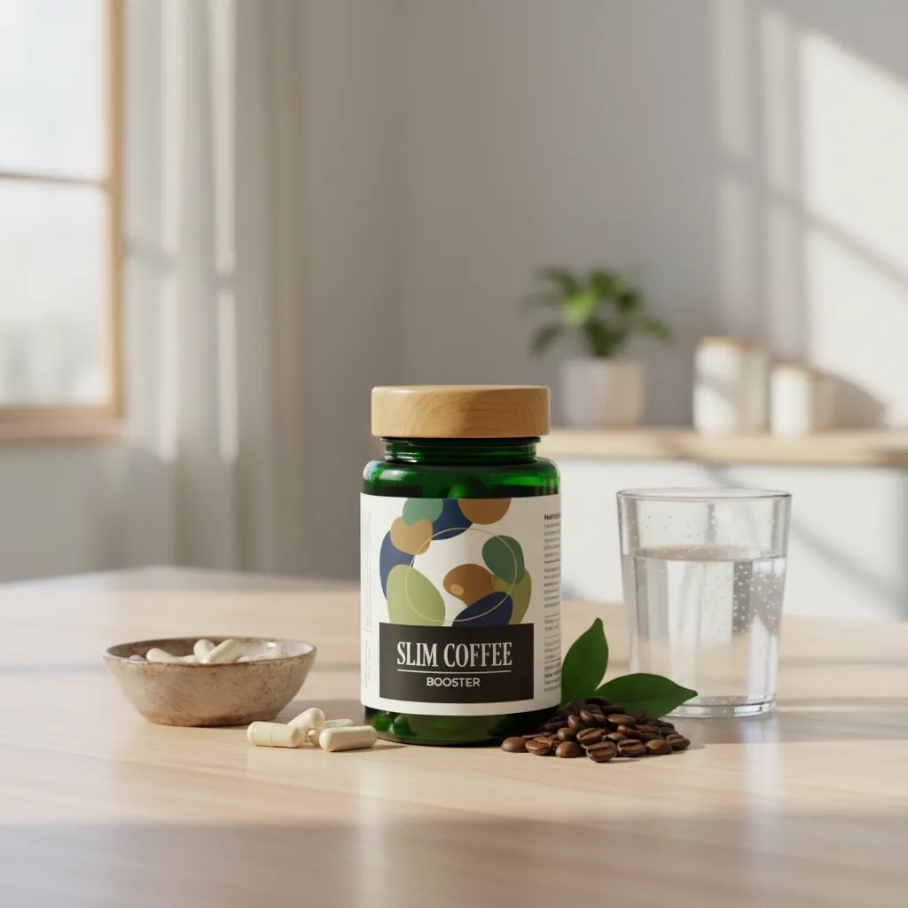 Slim Coffee Booster box in a lifestyle flat-lay surrounded by green coffee beans, moringa, ginger, and grapefruit on a linen surface